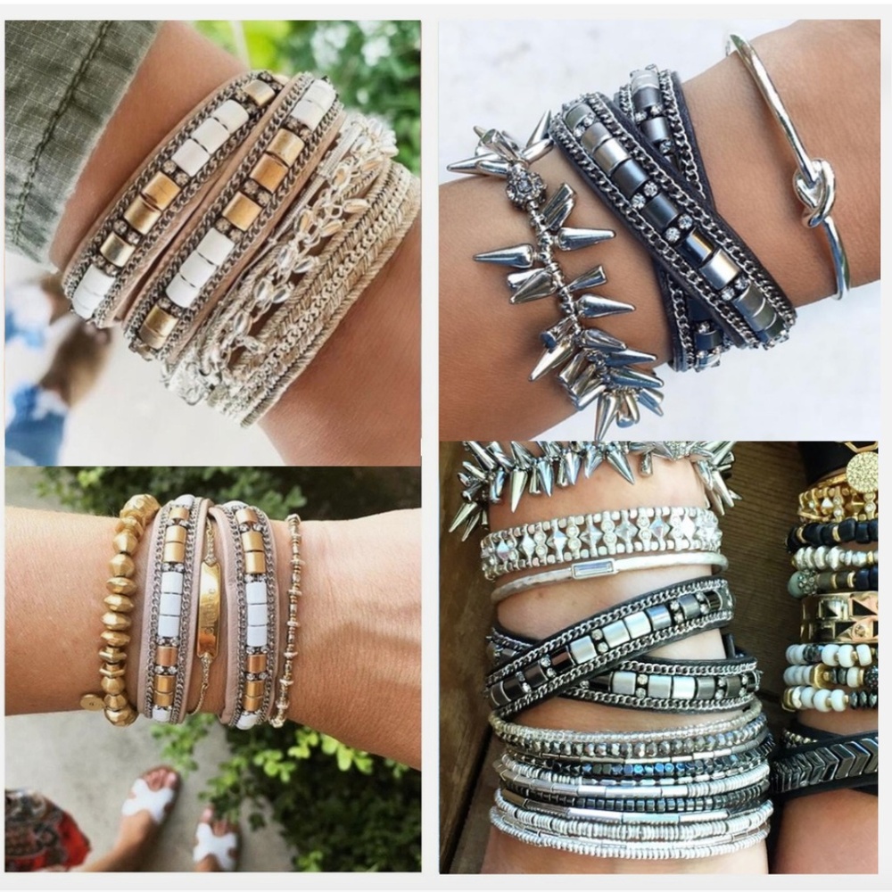 Stella & Dot Black & Tan Cady Leather Wrap Rhinestone Chain Bracelets